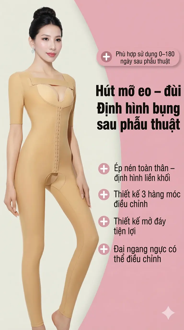 Áo gen compression garment sau hút mỡ nách bắp tay bụng mông giúp body contour recovery.
