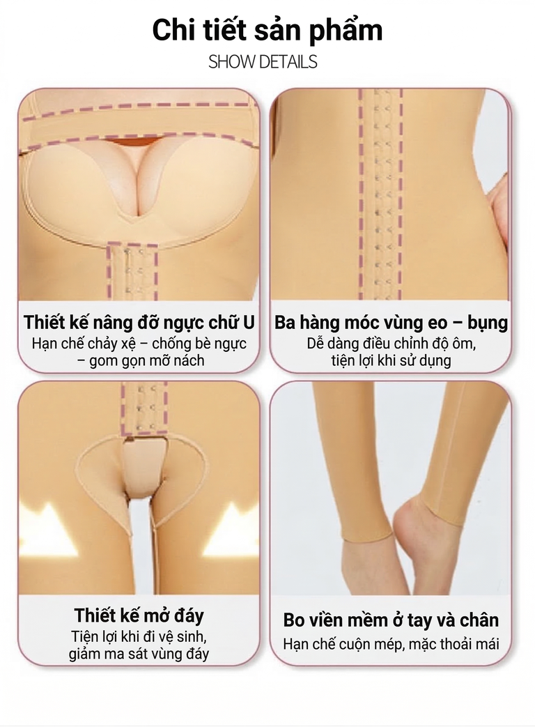 Áo gen nén compression garment sau hút mỡ giúp giảm swelling và giữ form cơ thể.
