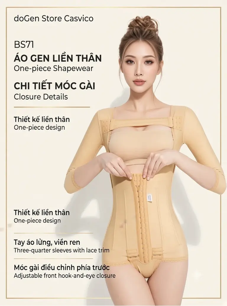 Chi tiết thiết kế áo gen liền thân BS71 màu da với đai tháo rời, móc gài trước và móc gài đáy