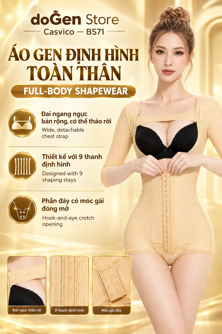 Áo gen định hình toàn thân BS71 màu da với đai ngang ngực và 9 thanh định hình
