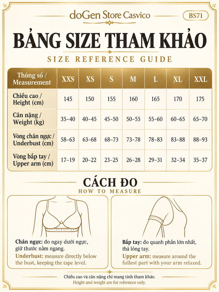 Bảng size áo gen định hình BS71 màu da từ XXS đến XXL
