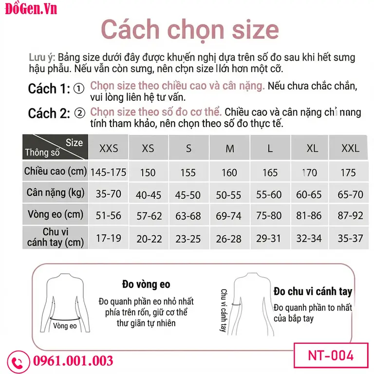 bảng size áo gen ép bụng toàn thân sau hút mỡ
