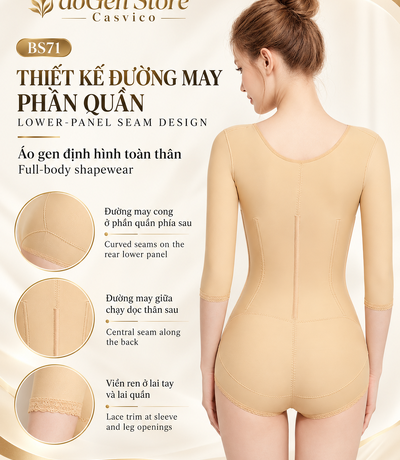 Mặt sau áo gen BS71 màu da với đường may giữa, đường may cong và viền ren