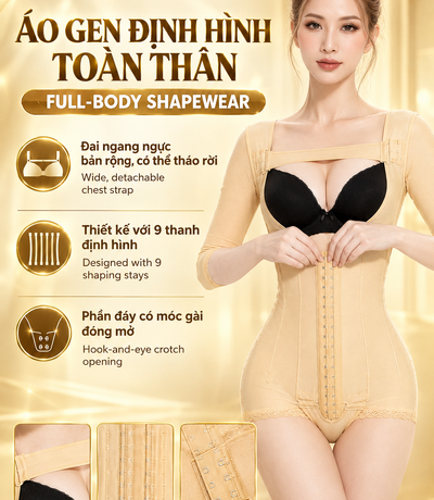 Áo gen định hình toàn thân BS71 màu da với đai ngang ngực và 9 thanh định hình