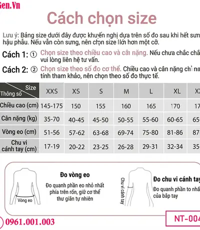 bảng size áo gen ép bụng toàn thân sau hút mỡ