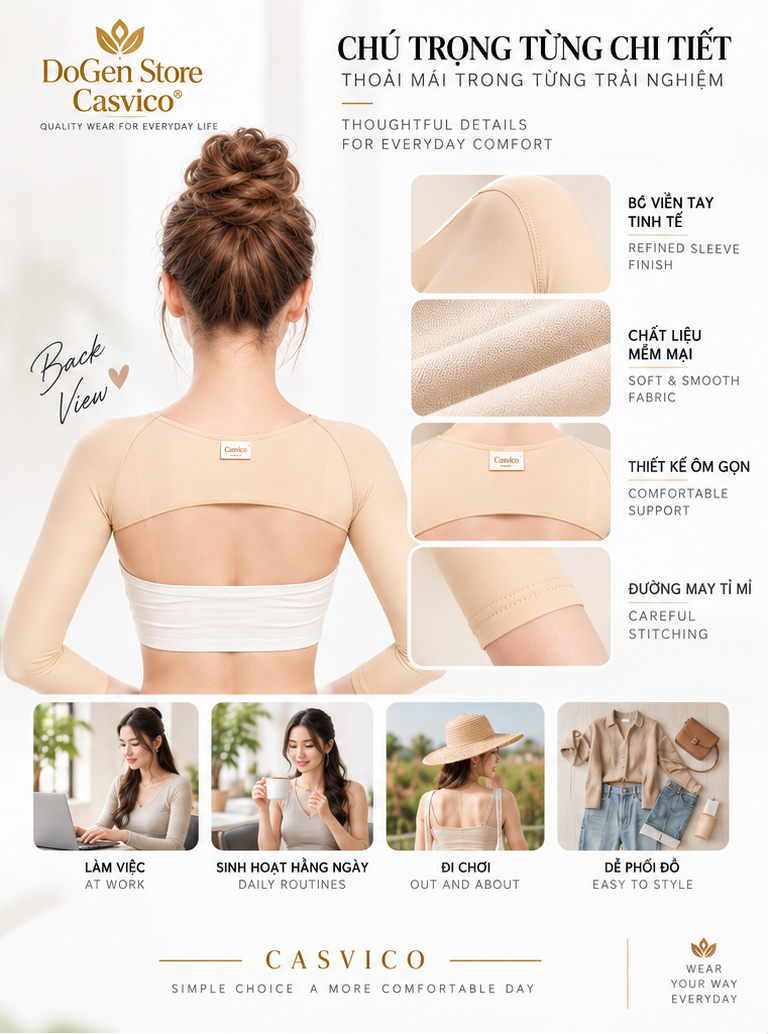 Chi tiết áo gen định hình cánh tay Casvico