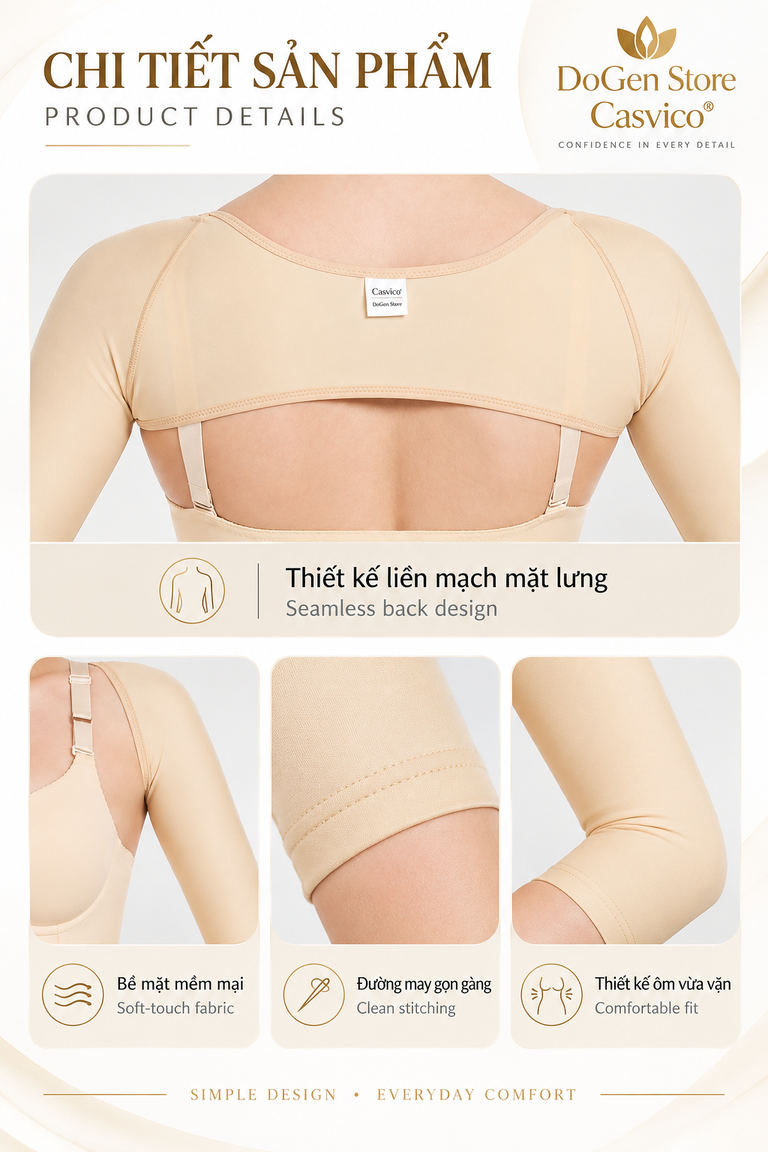 Chi tiết thiết kế áo gen định hình cánh tay màu nude