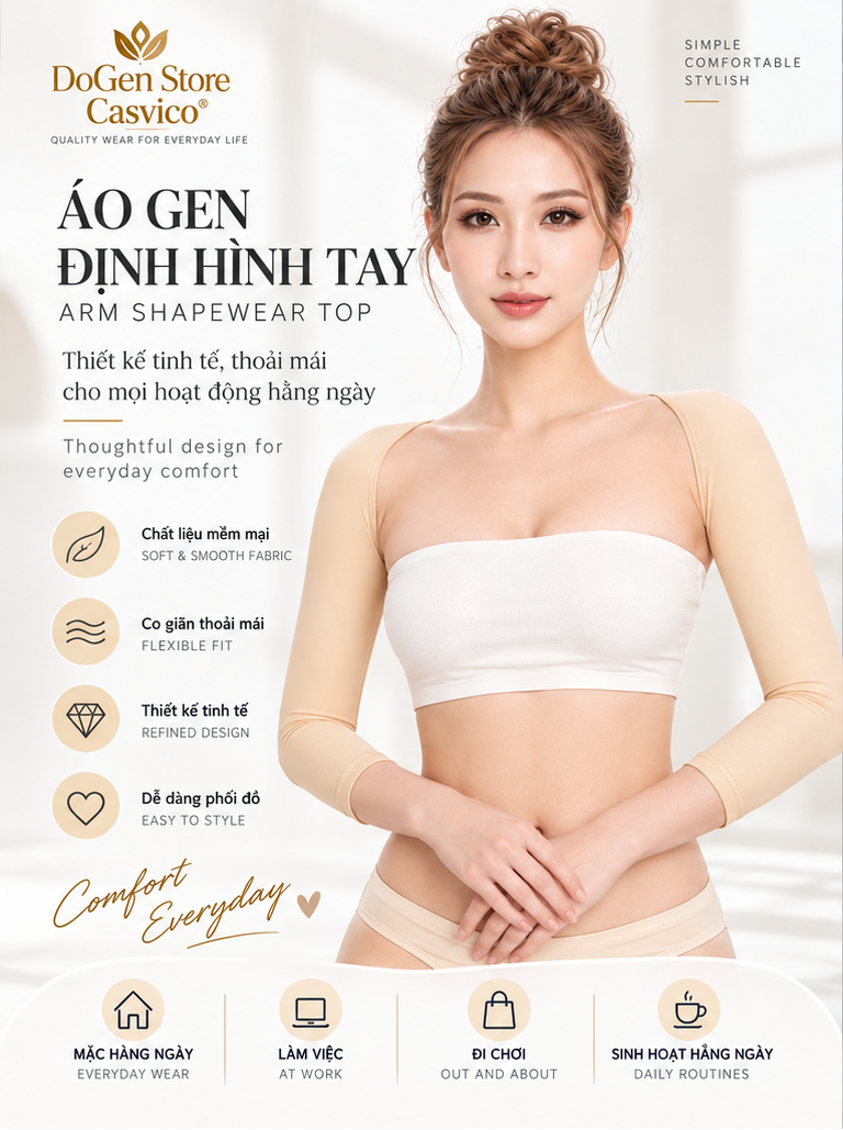 Áo gen định hình cánh tay màu nude Casvico