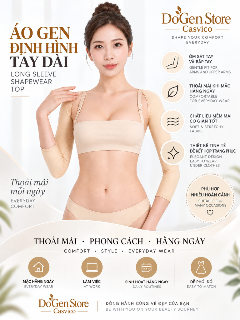 Áo gen định hình tay dài màu nude Casvico