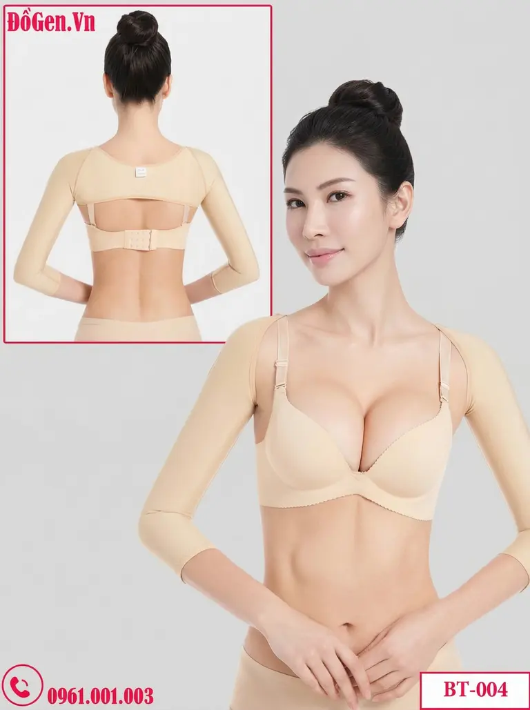 Đai ép bắp tay sau hút mỡ màu nude tự nhiên tệp với màu da không lộ nếp gấp.