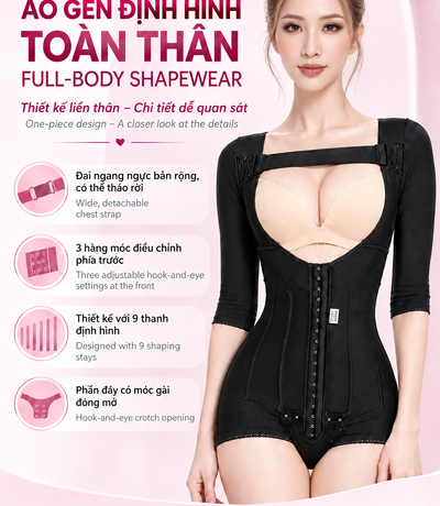 Áo gen định hình toàn thân BS71 màu đen với đai ngang ngực và móc gài phía trước