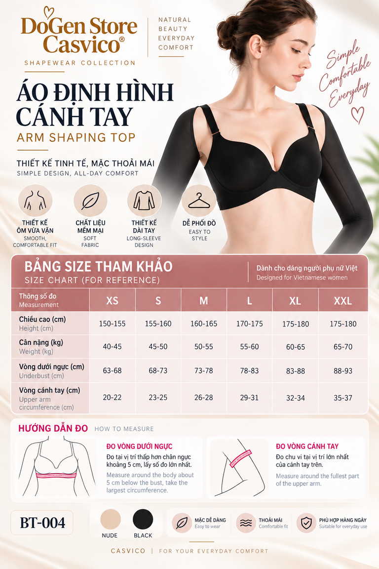 Bảng size áo gen cánh tay BT-004 và hướng dẫn đo vòng dưới ngực, vòng cánh tay