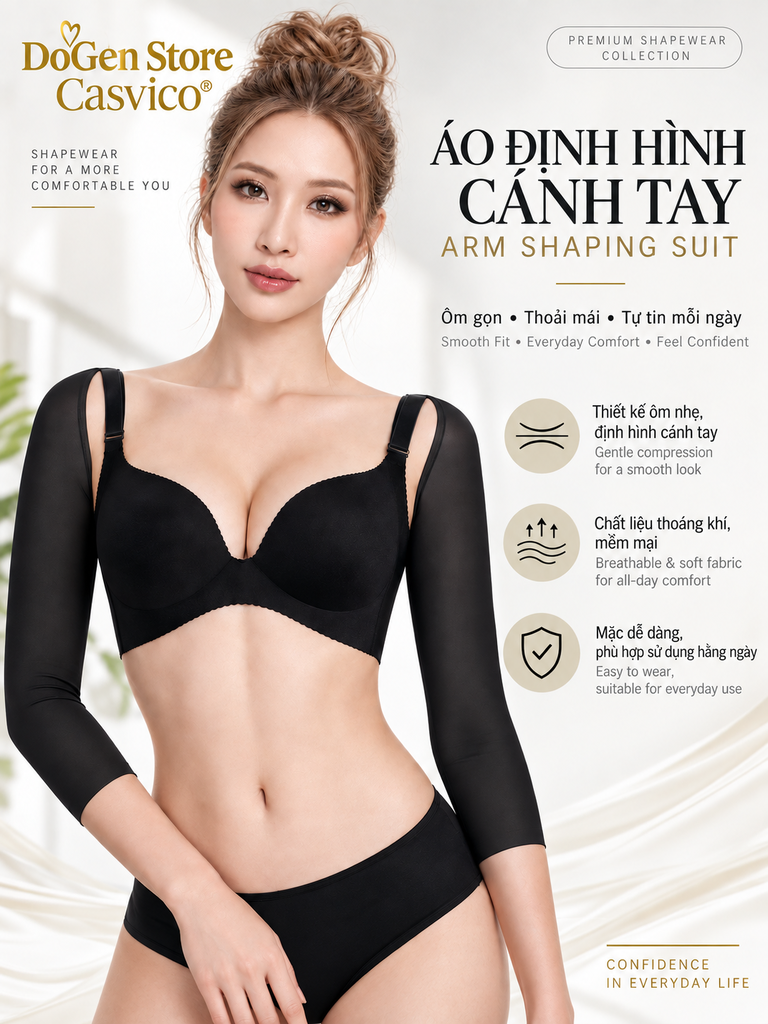 Áo gen định hình cánh tay BT-004 màu đen trên người mẫu, góc nhìn phía trước