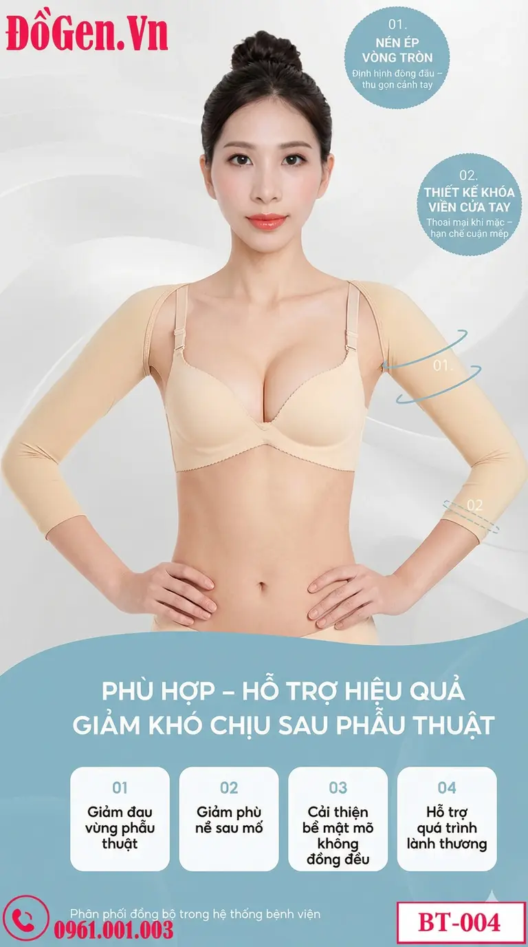 Đai quấn cánh tay sau phẫu thuật thẩm mỹ dễ dàng điều chỉnh độ siết với hàng khóa gài linh hoạt.