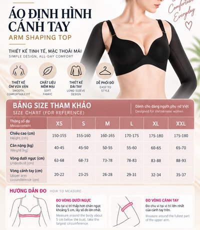 Bảng size áo gen cánh tay BT-004 và hướng dẫn đo vòng dưới ngực, vòng cánh tay