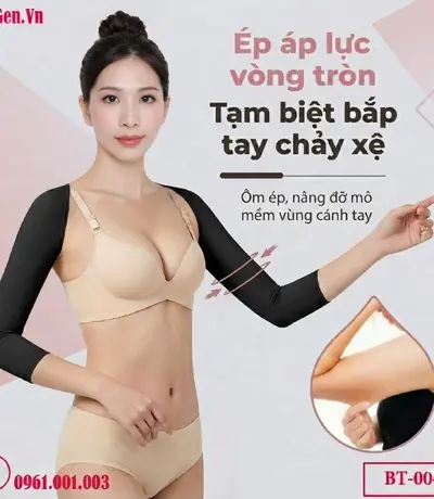 Áo gen hút mỡ tay lửng tạo áp lực đồng đều từ bả vai xuống tận khuỷu tay.