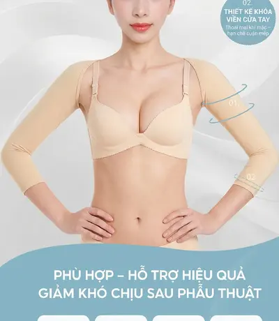 Đai quấn cánh tay sau phẫu thuật thẩm mỹ dễ dàng điều chỉnh độ siết với hàng khóa gài linh hoạt.