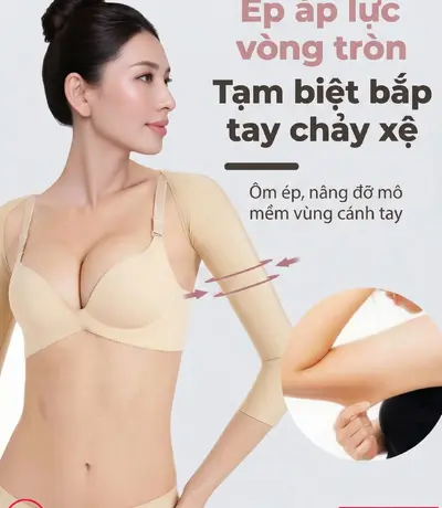 Đai ép bắp tay sau hút mỡ màu nude tự nhiên tệp với màu da không lộ nếp gấp.
