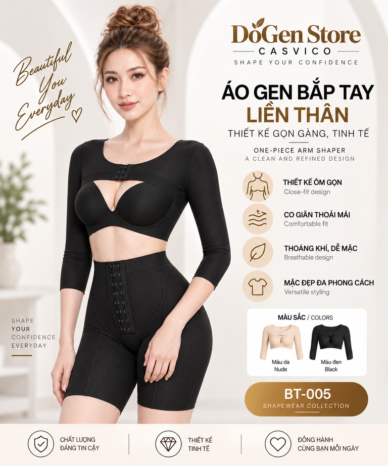 Áo gen bắp tay liền thân BT-005 màu đen Casvico