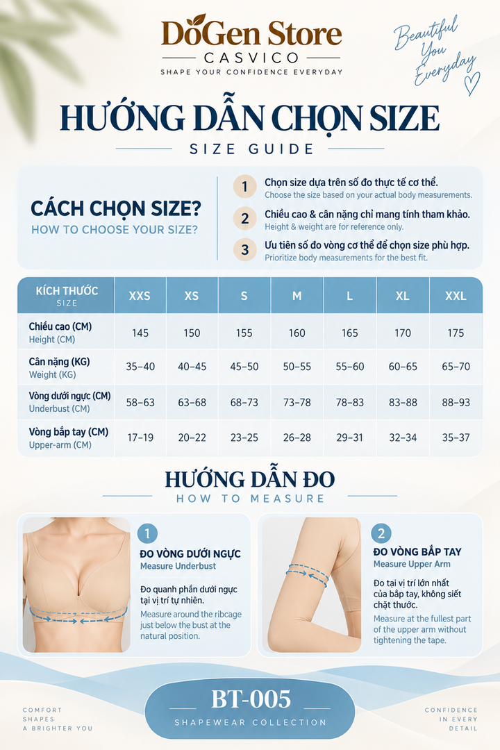 Bảng size và hướng dẫn đo số đo cơ thể cho BT-005