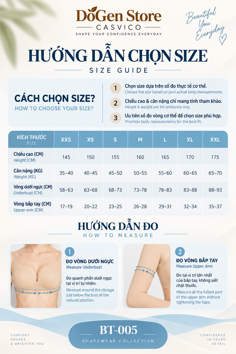 Bảng size và hướng dẫn đo số đo cơ thể cho BT-005