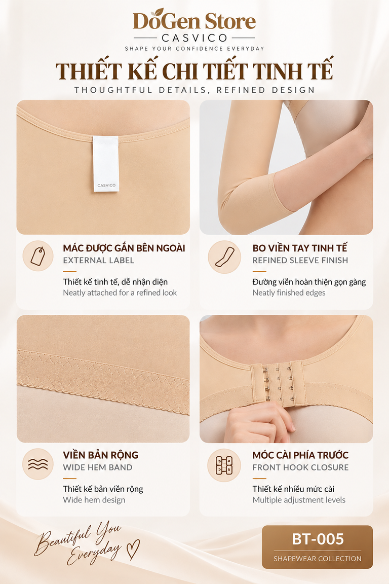 Chi tiết thiết kế áo BT-005 màu da với mác ngoài và bo viền tay