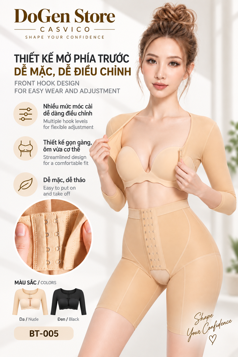 Chi tiết áo BT-005 màu da với thiết kế mở và móc cài phía trước
