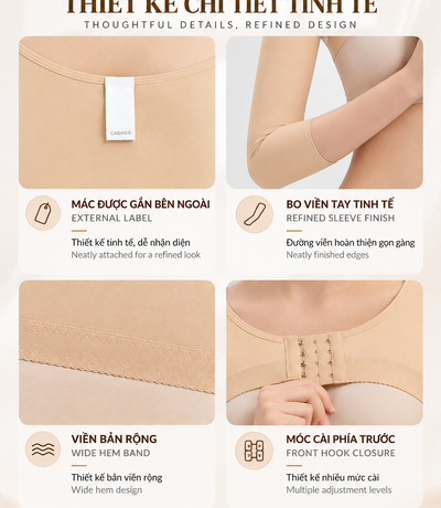 Chi tiết thiết kế áo BT-005 màu da với mác ngoài và bo viền tay