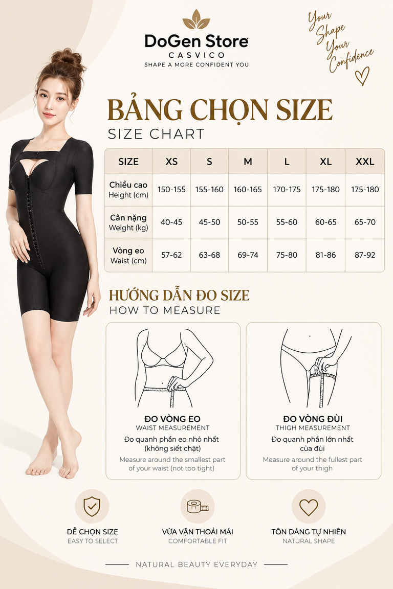Bảng chọn size bộ gen định hình toàn thân Casvico màu đen kèm hướng dẫn đo vòng eo và vòng đùi.