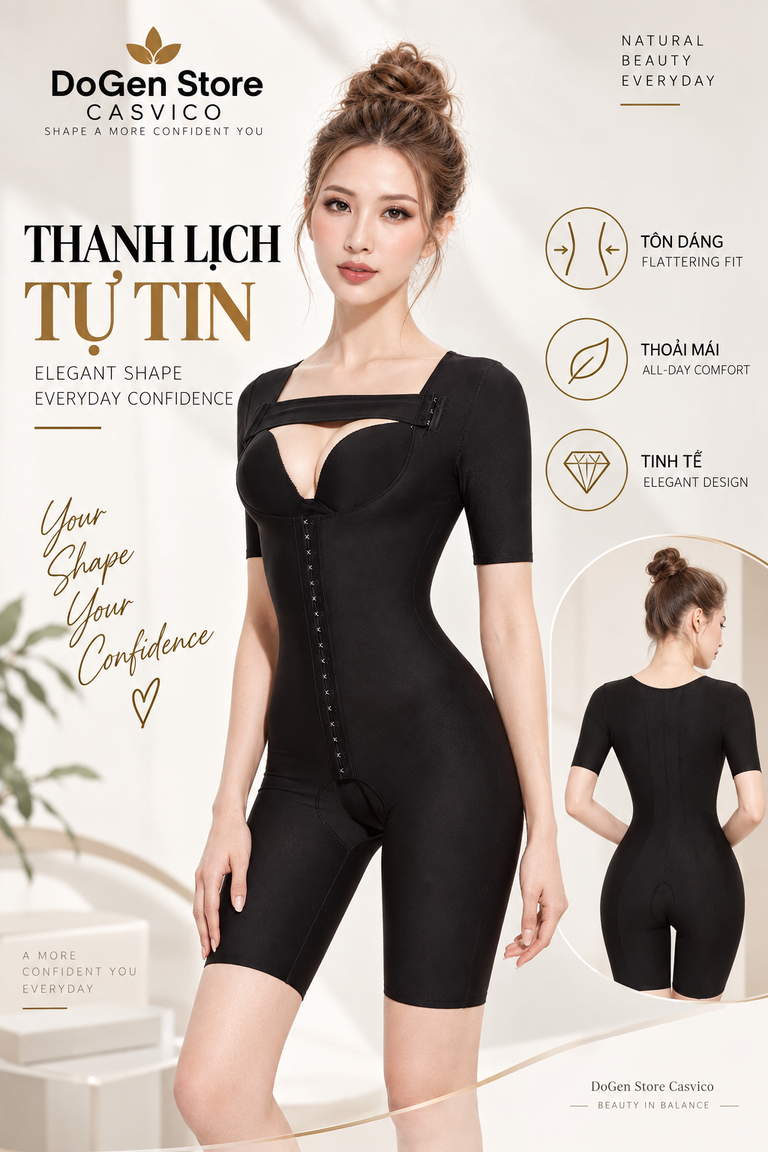Bộ gen định hình toàn thân Casvico màu đen với góc chụp nghiêng.