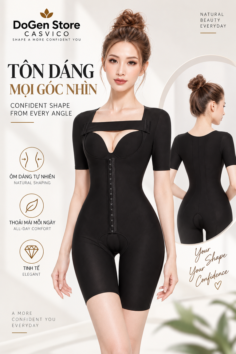 Bộ gen định hình toàn thân Casvico màu đen hiển thị đồng thời mặt trước và mặt sau