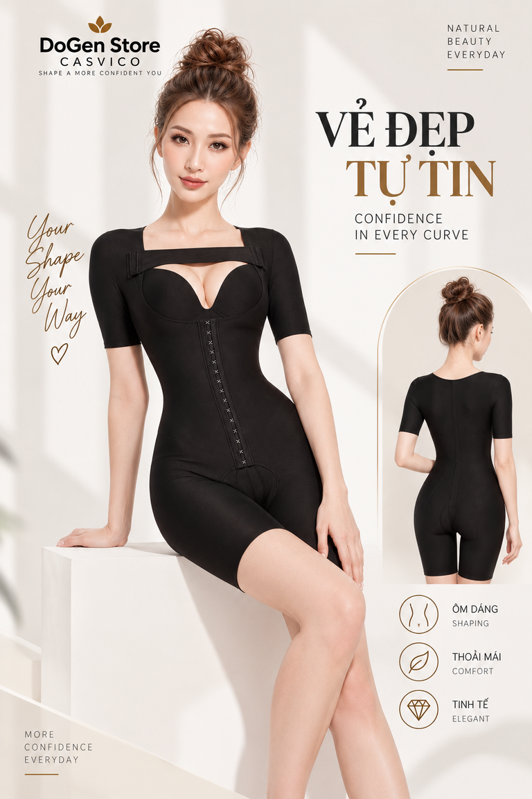 Bộ gen định hình toàn thân Casvico màu đen trên người mẫu ở tư thế ngồi.