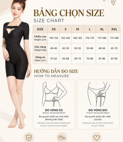 Bảng chọn size bộ gen định hình toàn thân Casvico màu đen kèm hướng dẫn đo vòng eo và vòng đùi.