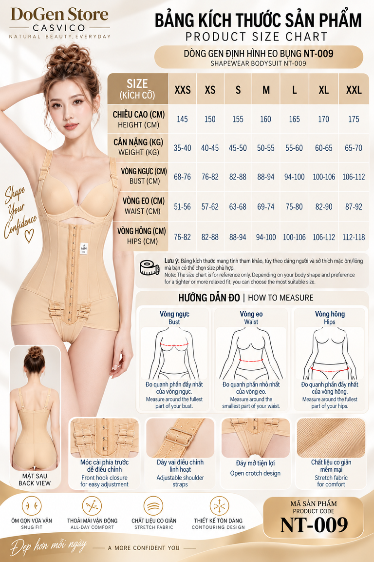 Bảng quy đổi kích cỡ size XXS đến XXL và hướng dẫn đo gen định hình NT-009