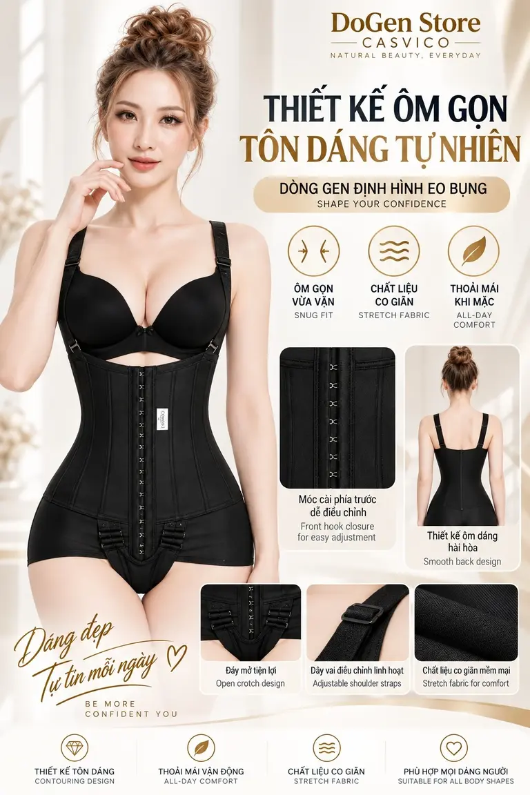 Áo gen định hình eo bụng NT-009 Casvico màu đen với thiết kế ôm gọn vòng eo