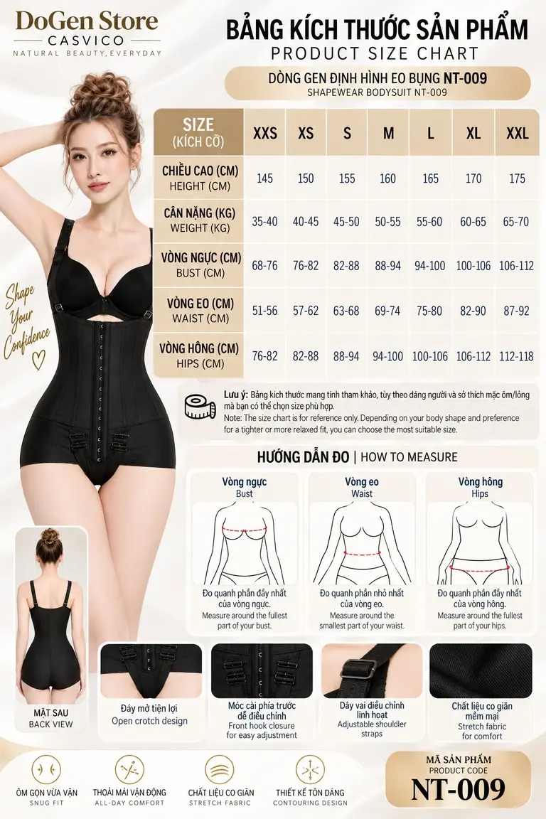Bảng kích thước gen định hình eo bụng NT-009 Casvico từ size XXS đến XXL