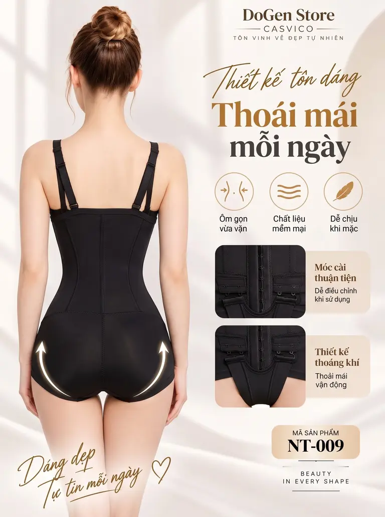 Mặt sau gen định hình NT-009 Casvico với dây vai điều chỉnh và thiết kế ôm dáng
