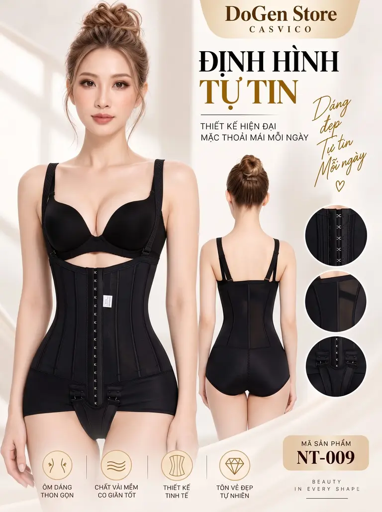Gen định hình NT-009 Casvico màu đen với móc cài phía trước, dây vai điều chỉnh và đáy mở tiện lợi