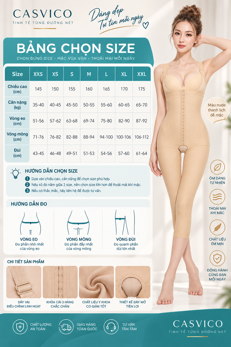 Bảng chọn size áo gen định hình toàn thân NT-016 Casvico màu da