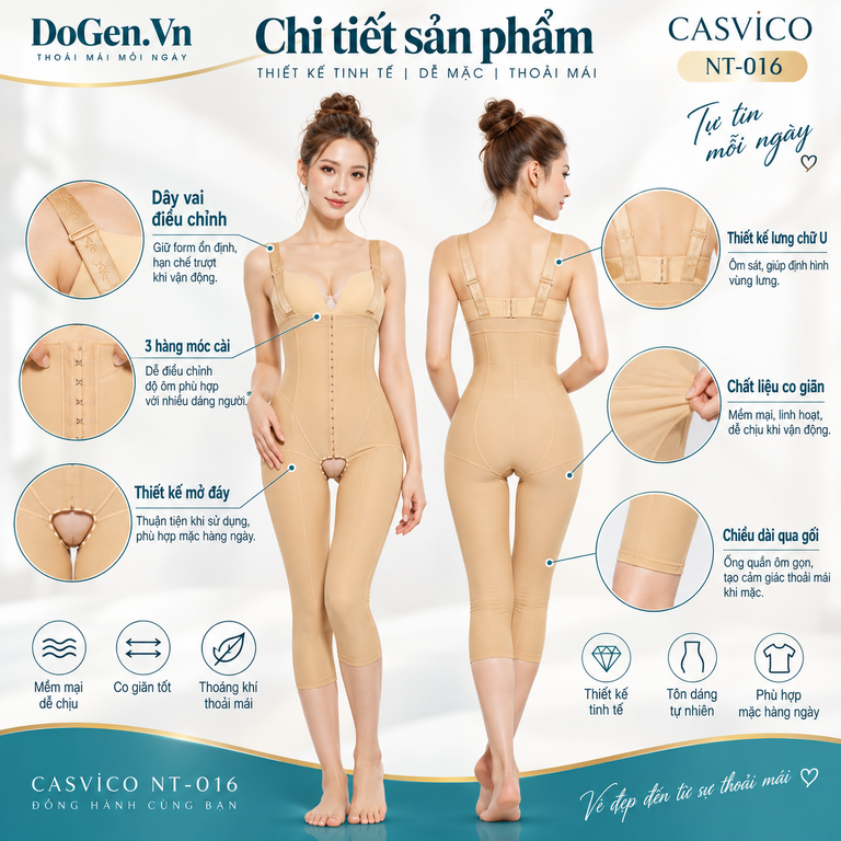 Áo gen định hình toàn thân NT-016 Casvico màu da với hình ảnh chi tiết dây vai, móc cài và thiết kế mở đáy