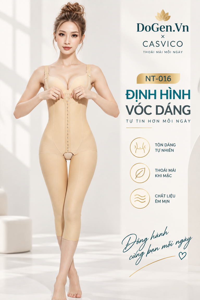 Áo gen định hình toàn thân NT-016 Casvico màu da với chi tiết khóa cài 3 hàng phía trước