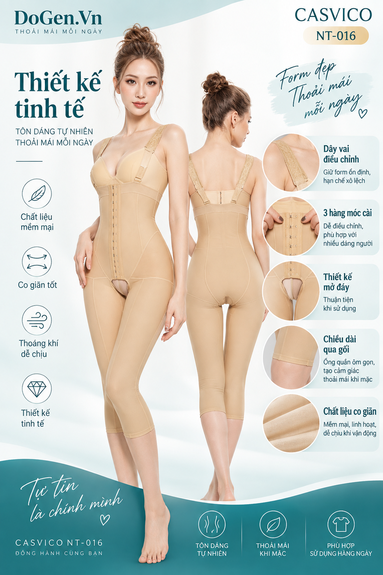 Áo gen định hình toàn thân NT-016 Casvico màu da thể hiện mặt trước và mặt sau