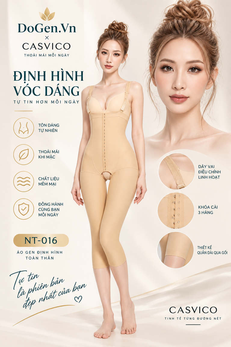 Áo gen định hình toàn thân NT-016 Casvico màu da với phần ống quần dài qua gối