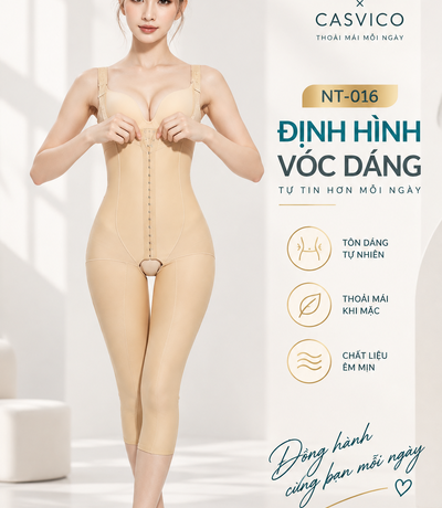 Áo gen định hình toàn thân NT-016 Casvico màu da với chi tiết khóa cài 3 hàng phía trước