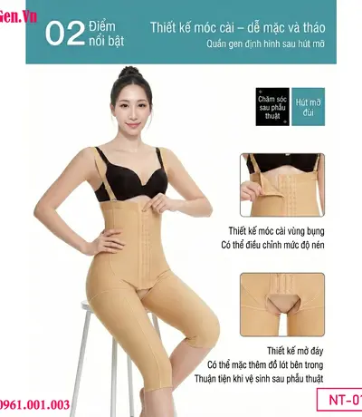 Quần gen nịt bụng với ống quần dài qua đùi, tập trung siết gọn phần mỡ lỏng lẻo ở mặt trong đùi, mang lại đôi chân thon thả.