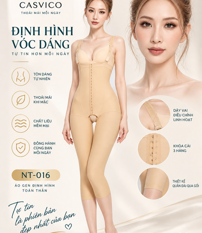 Áo gen định hình toàn thân NT-016 Casvico màu da với phần ống quần dài qua gối