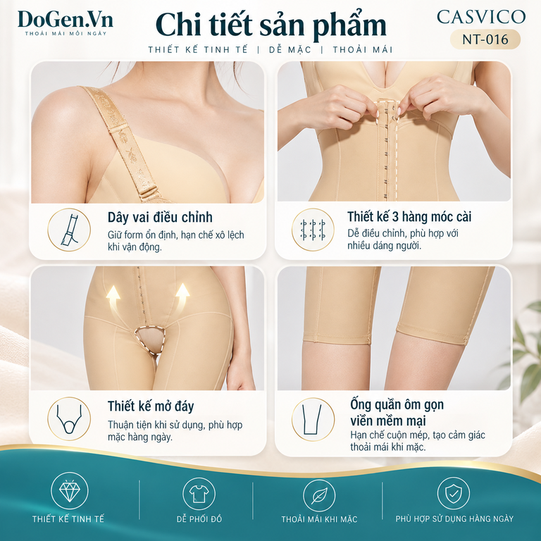 Áo gen định hình toàn thân NT-016 Casvico màu da với các chi tiết sản phẩm