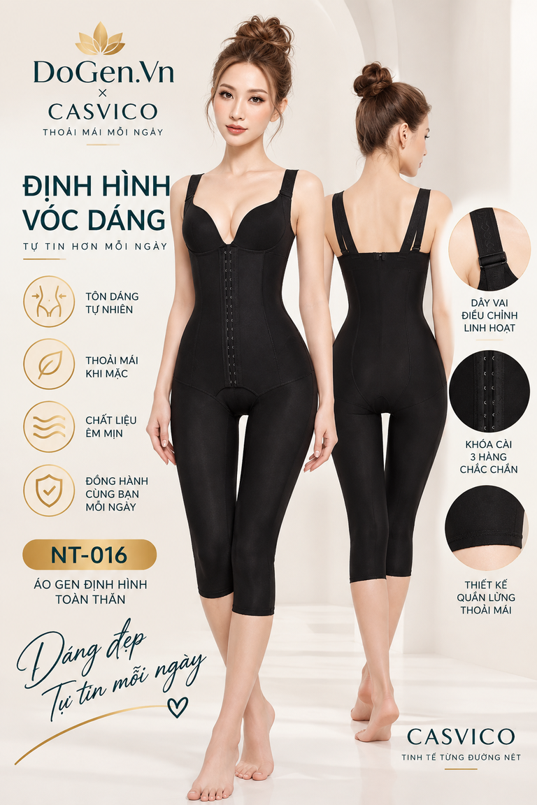 Áo gen định hình toàn thân NT-016 Casvico màu đen với hình ảnh mặt trước và mặt sau