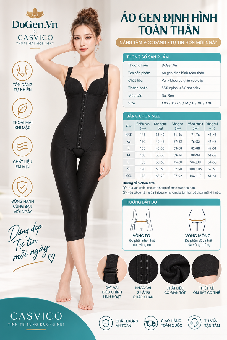 Áo gen định hình toàn thân NT-016 Casvico màu đen kèm thông số sản phẩm và bảng chọn size