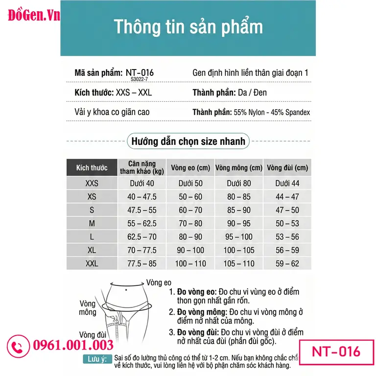 Bảng Kích thước Quần gen cao cấp sau phẫu thuật thẩm mỹ giúp nâng đỡ và định hình